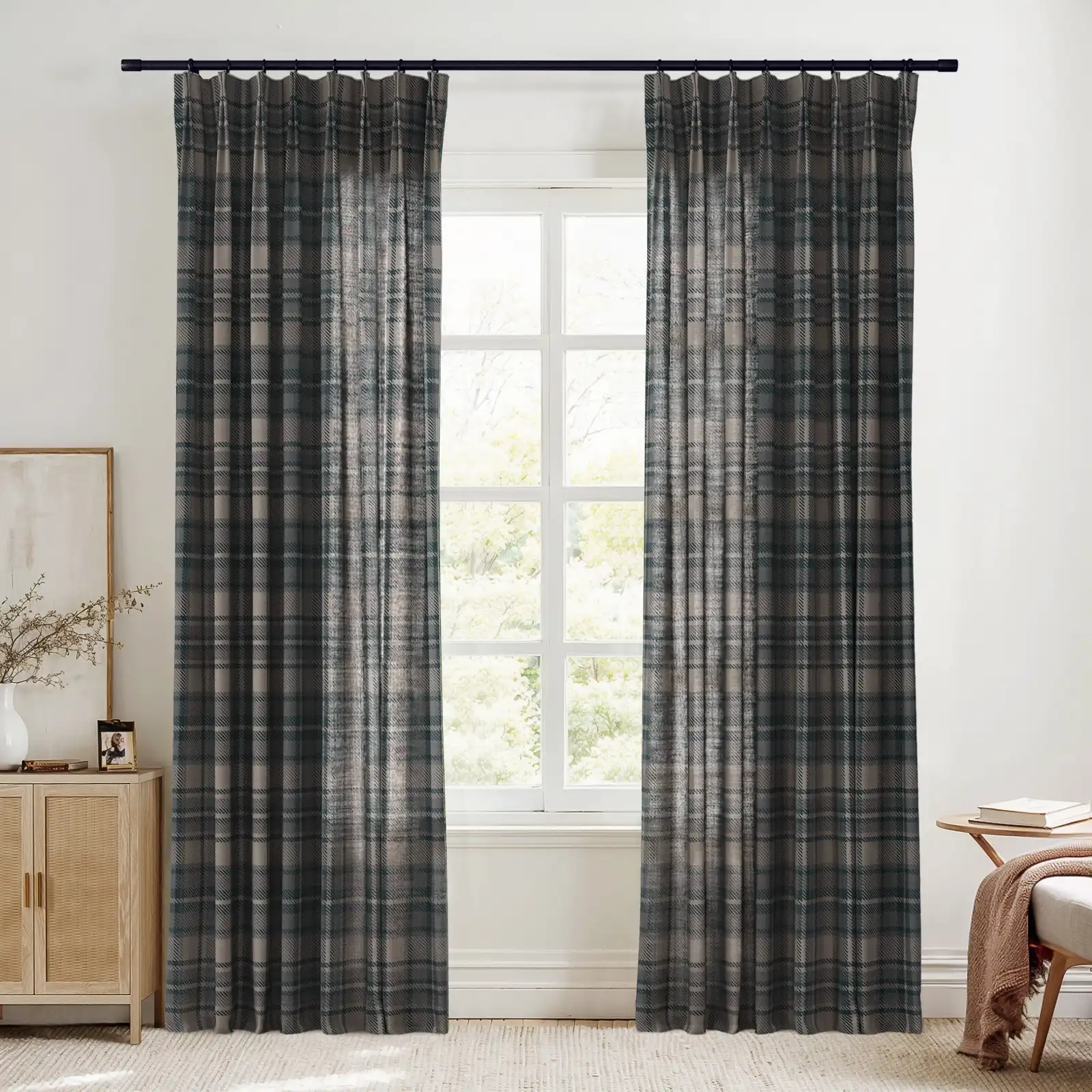 Sara Le Linen Raisin Plaid Print Pinch Pleat Curtain Unlined