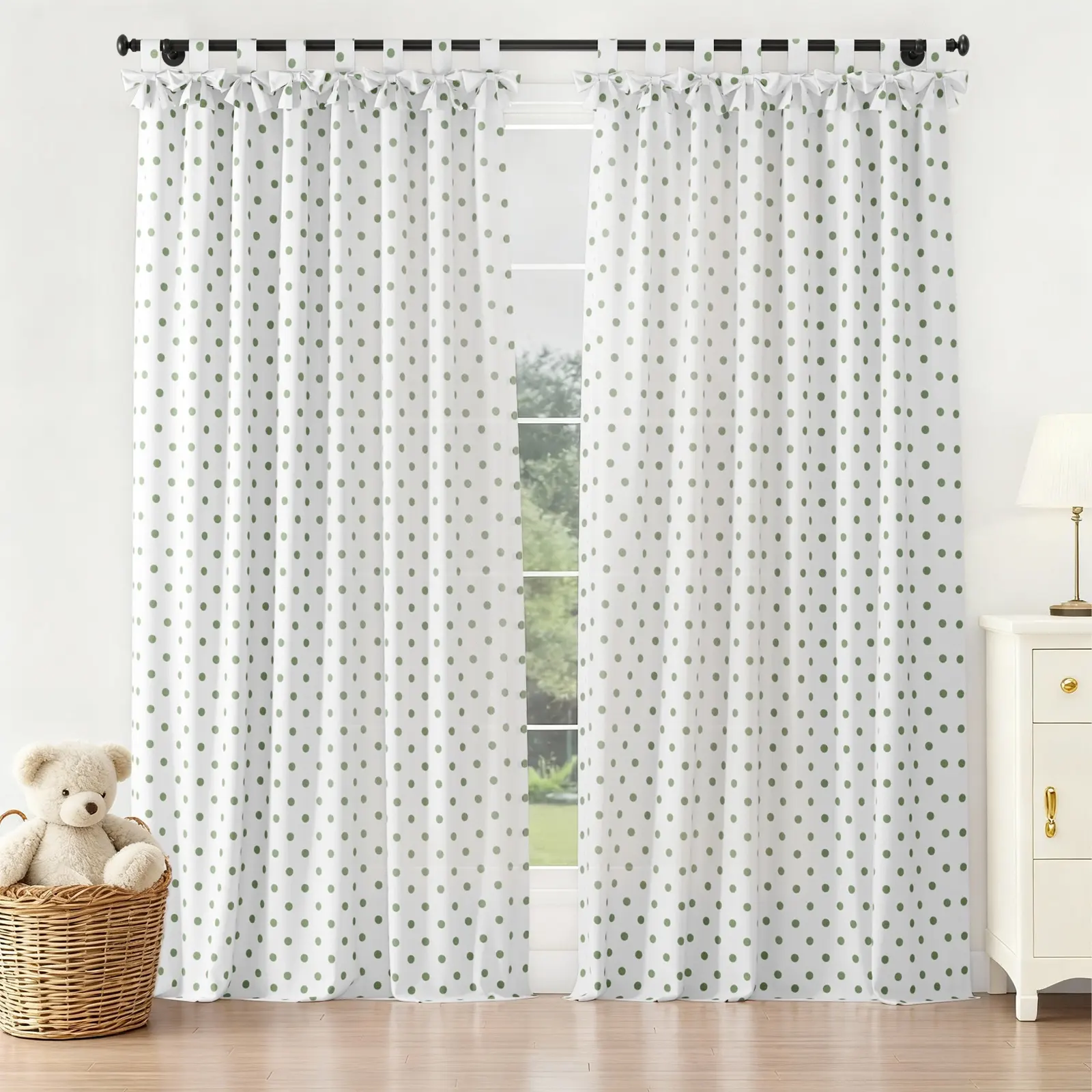 Stefana Silber Linen Polka Dot Print Tie Top Bow Curtain - Image 3